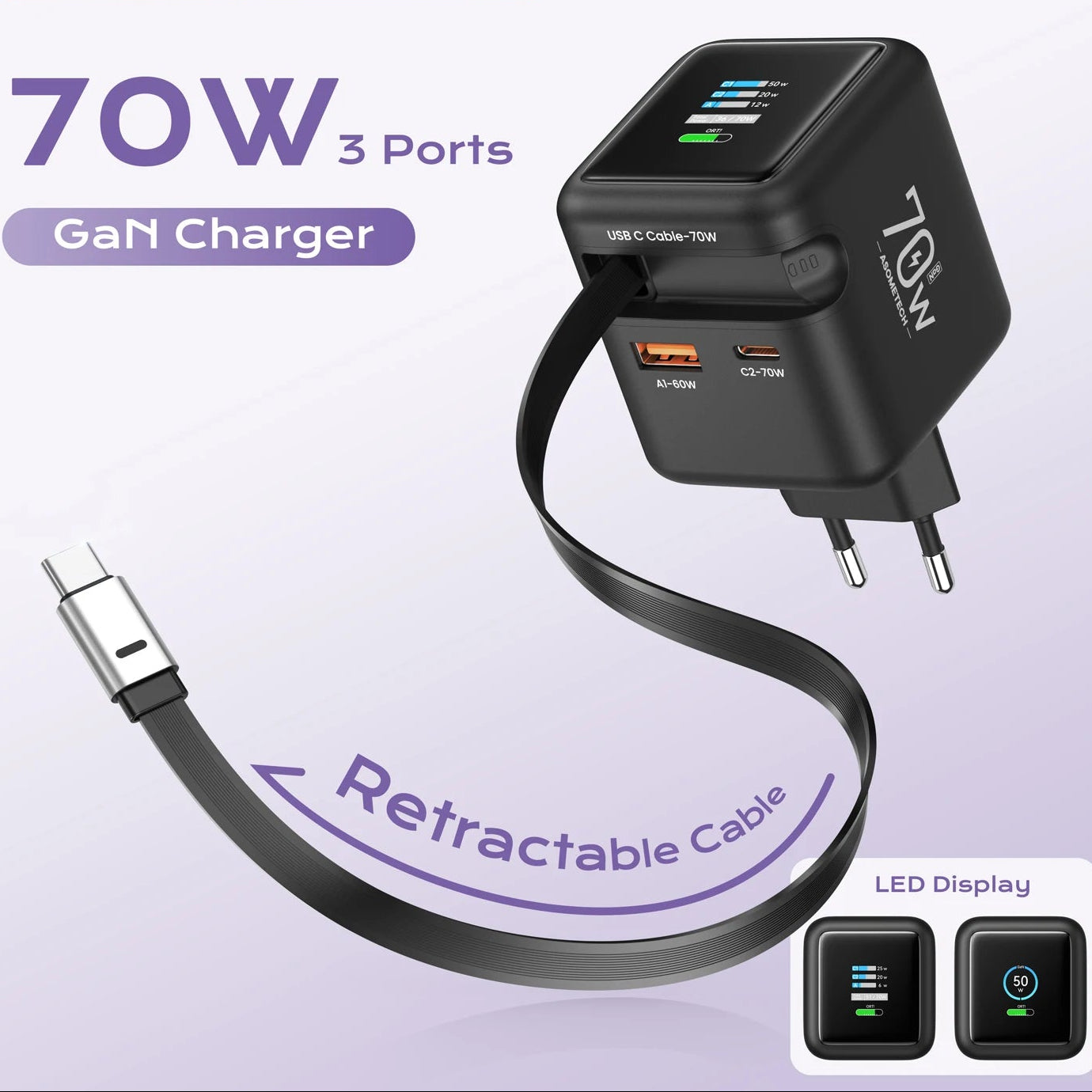 70W GaN Fast Charger with Retractable USB-C Cable