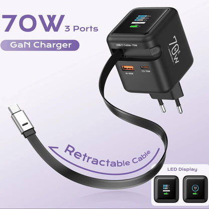70W GaN Fast Charger with Retractable USB-C Cable