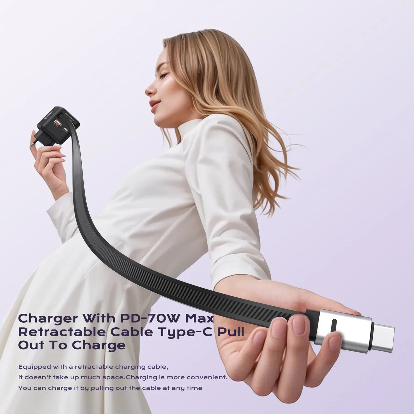 70W GaN Fast Charger with Retractable USB-C Cable
