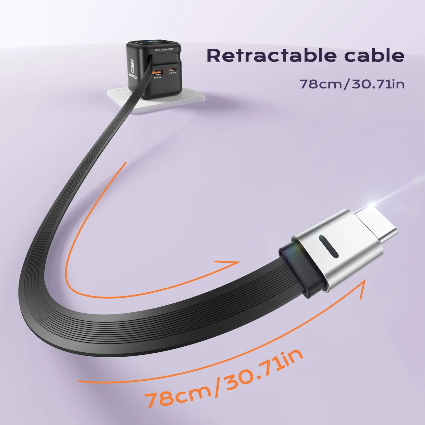 70W GaN Fast Charger with Retractable USB-C Cable