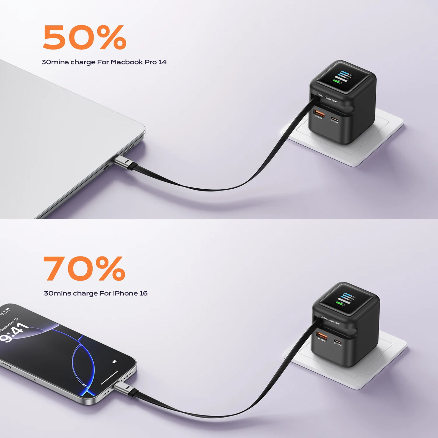 70W GaN Fast Charger with Retractable USB-C Cable