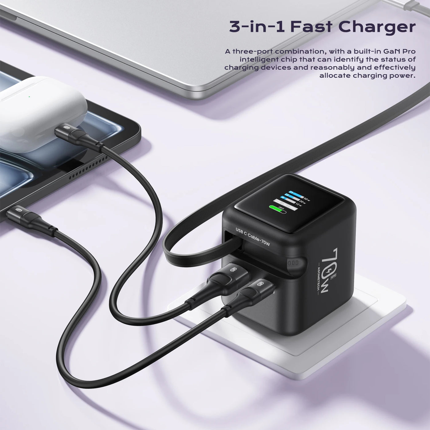 70W GaN Fast Charger with Retractable USB-C Cable